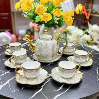 Bộ ấm trà sứ - bộ thưởng trà vân đá mạ vàng kèm đĩa rời cao cấp