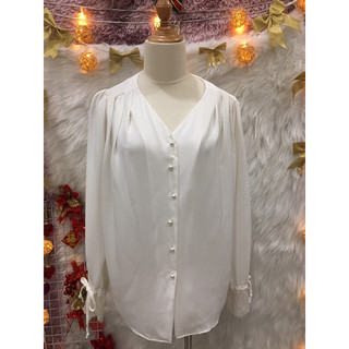Áo Cổ V Tay dài Phối Ren thắt Nơ 2 hand Hàn Quốc hiệu Ange - Size M🌹