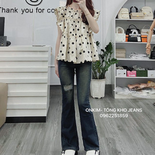 Quần jeans loe màu sắc mới lạ rách 1 bên đùi cạp cao co giãn  phong cách hiện đạ