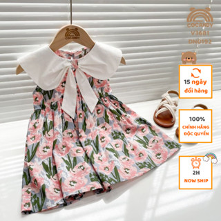 Váy cho bé -Váy cộc XANH hoa HỒNG cổ TRẮNG nơ cho bé của COCANDY mã V3681