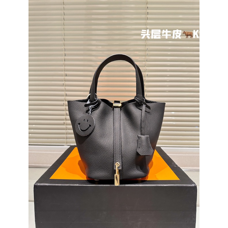 Túi xách HM Picotin màu đen da bò mềm mại size 18 cm