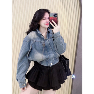 Áo khoác jean nữ dáng croptop phom rộng bo chun sang chảnh - jean M7