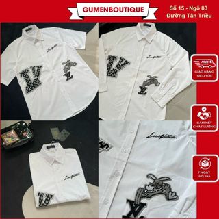 Áo sơ mi nam lv thêu logo hình siêu đẹp - áo sơ mi nam lv thêu chữ phối hình chất liệu cao cấp