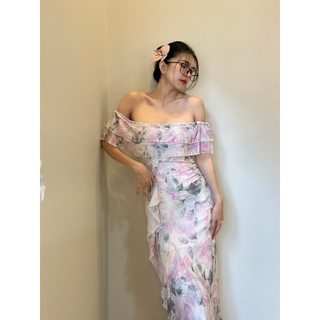 Đầm thun lưới dài hoạ tiết hoa trễ vai phối bèo (sẵn SM)