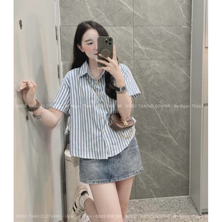 Áo sơ mi cộc tay kẻ xanh thêu logo ảnh thật