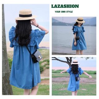 Váy babydoll suông rộng, cộc tay, dáng ngắn, phối bèo, cổ tròn, kiểu dáng tiểu thư thanh lịch - LAZASHION V163