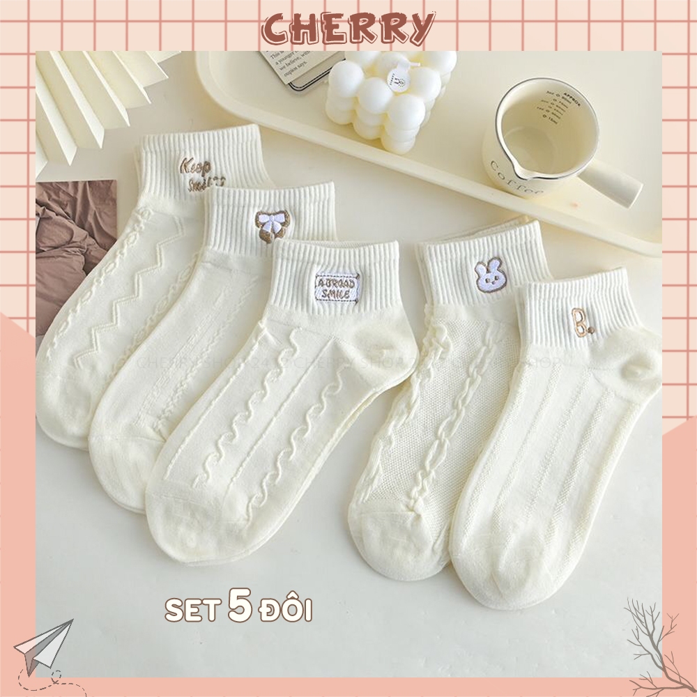 Tất cổ ngắn nữ sét 5 đôi, chất liệu vải cotton co giãn 4 chiều - Cherry Shop