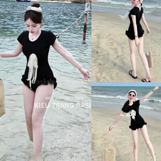 Bộ bikini liền thân quần đùi bèo đính nơ cộc tay, Đồ đi biển liền thân cộc tay đen đính nơ | BigBuy360 - bigbuy360.vn