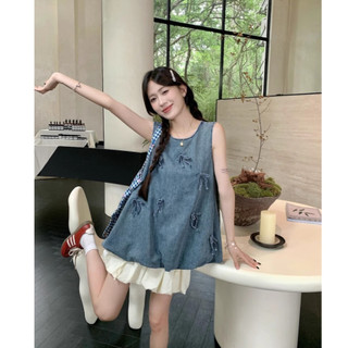 [ORDER] Set Đồ Hai Mảnh, Áo Denim Không Tay Đính Nơ Sang Chảnh Mix Chân Váy Phông Cute Hàng Quảng Châu