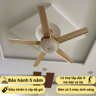 Quạt trần trang trí mã 9016, quạt có 5 cánh, có cánh gỗ và cánh thép, quạt 6 cấp độ gió, đèn led 3 chế độ ánh sáng