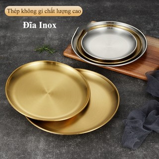  Đĩa inox tròn HOMELOVE Đĩa inox mạ vàng Hàn Quốc đựng thức ăn trái cây món tráng miệng chuyên dụng đựng salad 