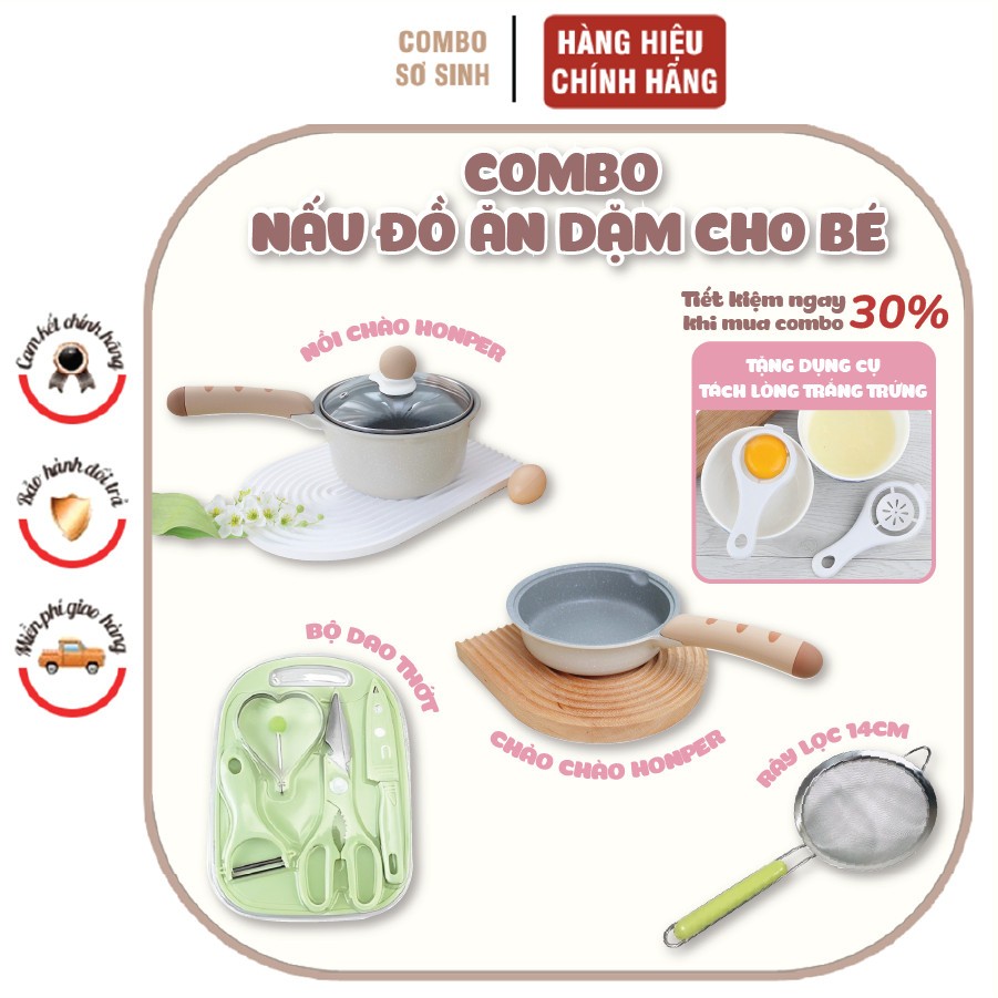 Combo 4 món bộ dụng cụ nấu đồ ăn dặm cho bé Bộ nồi chảo Honper kèm Bộ dao thớt Rây lọc cháo 12cm