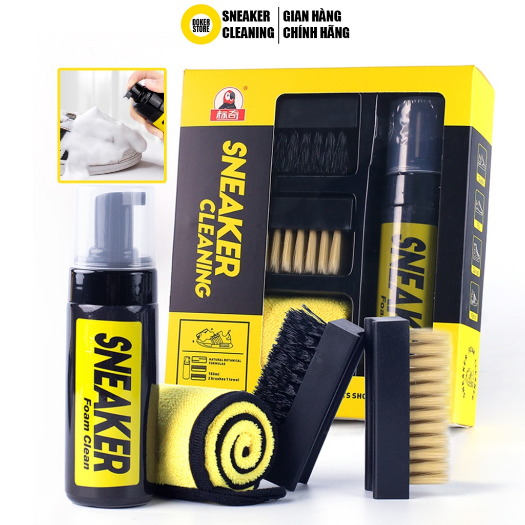 Bộ vệ sinh giày cao cấp 4 món Sneaker Cleaning Plus có 1 chai xịt bọt, 2 bàn chải, 1 khăn lau thích hợp nhiều loại giày