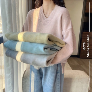 Áo len dệt kim lông lạc đà cổ V dáng xuông dài tay mềm mại ấm áp 5 màu pastel