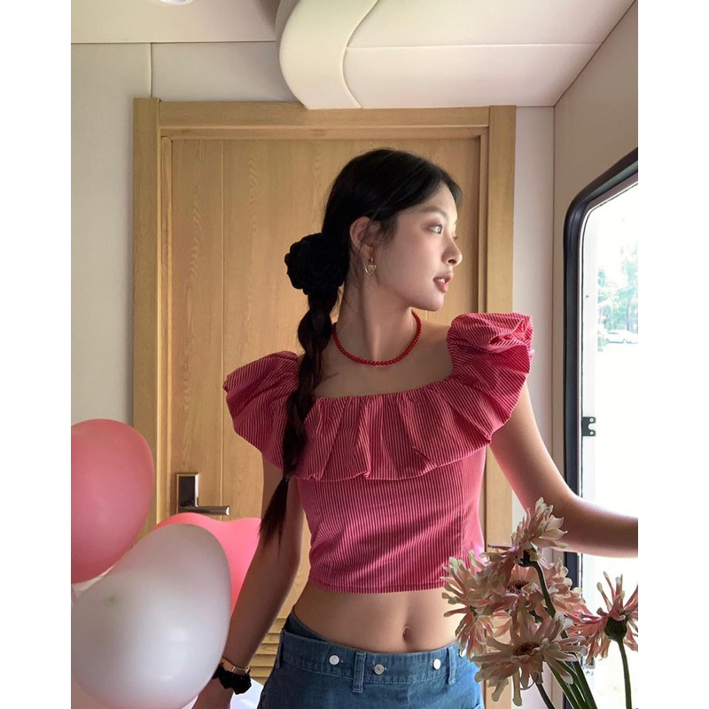 Áo trễ vai kẻ croptop [HÌNH THẬT]