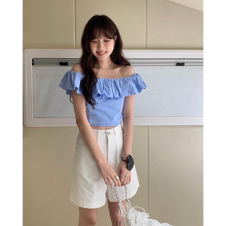 Áo trễ vai kẻ croptop [HÌNH THẬT]