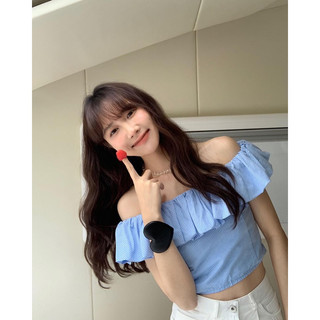 Áo trễ vai kẻ croptop [HÌNH THẬT]