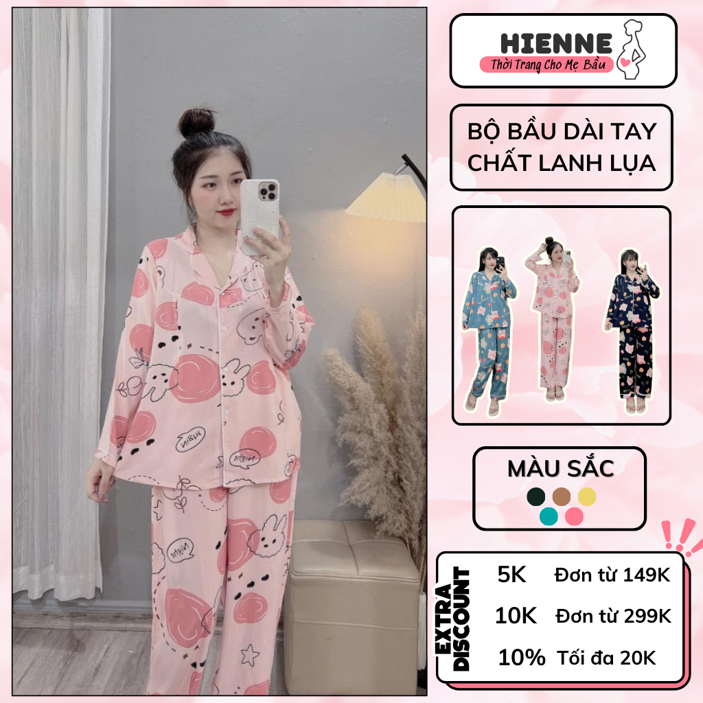 Bộ bầu mùa hè, bộ bầu mặc nhà HIENNE dài tay chất lanh lụa mềm mát, họa tiết dễ thương, mặc bầu và sau sinh thoải mái