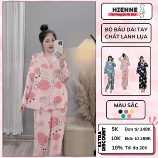 Bộ bầu mùa hè, bộ bầu mặc nhà HIENNE dài tay chất lanh lụa mềm mát, họa tiết dễ thương, mặc bầu và sau sinh thoải mái