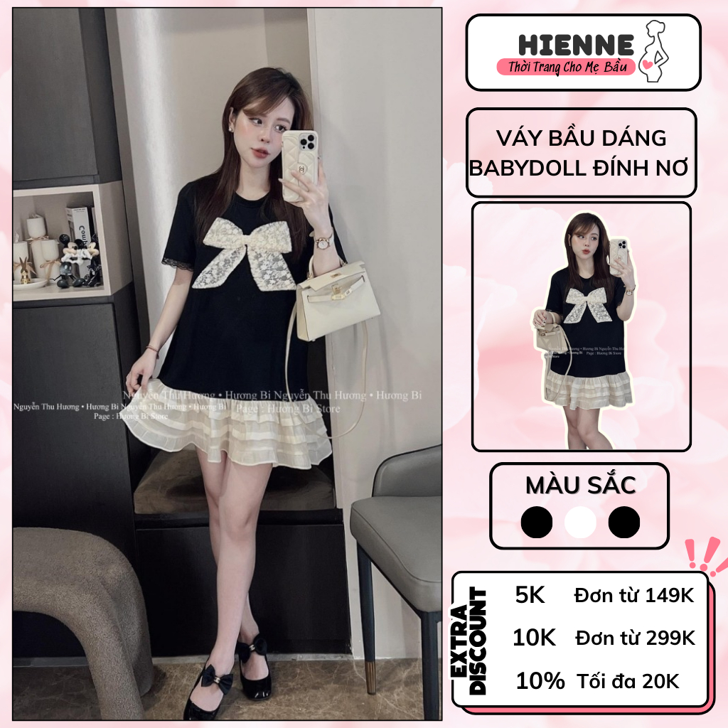 Váy bầu mùa hè, đầm bầu thời trang HIENNE, thiết kế dáng baby doll đuôi cá, đính nơ phối chân ren sang chảnh