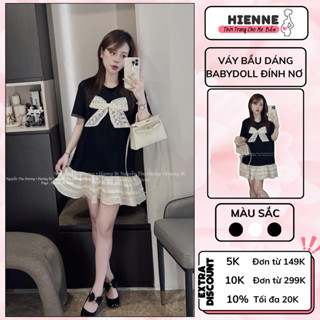 Váy bầu mùa hè, đầm bầu thời trang HIENNE, thiết kế dáng baby doll đuôi cá, đính nơ phối chân ren sang chảnh