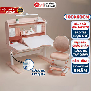 Bộ bàn học sinh thông minh Sakawin Pro100 Gỗ tự nhiên cao cấp, Mặt bàn xẻ đôi size 100cm