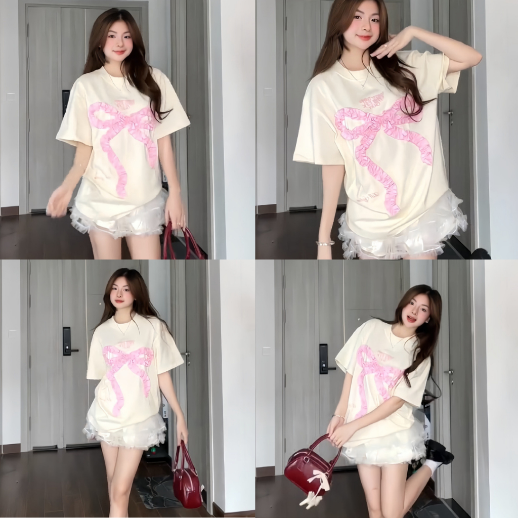 Áo thun Nơ OKAY Killsystem oversize hình nơ nổi may nhún chất cotton | BigBuy360 - bigbuy360.vn