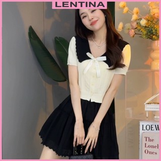 Áo polo croptop dệt kim nữ tay ngắn kiểu sơ mi cổ bèo thắt nơ Áo cardigan tay bồng len mongtoghi QC