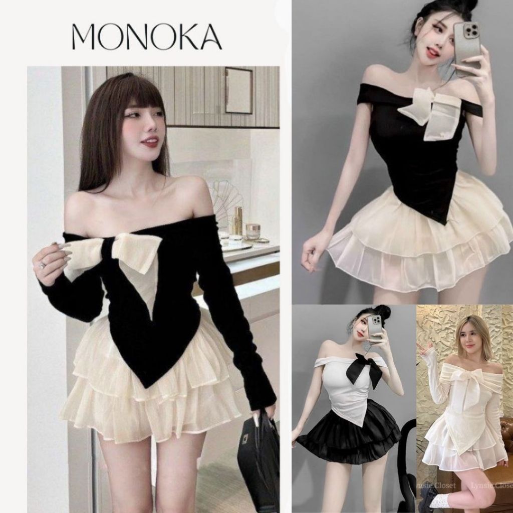 Set đồ nữ áo trễ vai nơ ôm body dài tay + chân váy voan ngắn xòe tầng có quần trong bảo bộ Váy đầm tiểu thư T126G MONOKA
