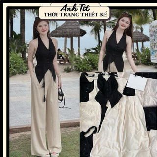 Set Áo Gile Cổ Yếm Đen Mix Quần Suông Kem Ống Rộng, Set Đồ Nữ Áo Gile Kèm Quần Ống Rộng Đi Chơi - Anh Tít Boutique