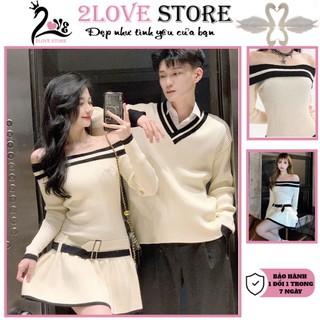  Đồ đôi nam nữ bộ đồ couple 2Love váy trễ vai nữ và áo len dài nam mùa thu đông Mã 15 