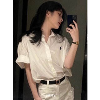 Ngắn tay- Áo sơ mi thêu ngựa trắng xanh