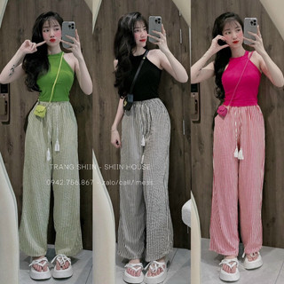 Sét 2 món áo ba lỗ cổ yếm chất thun tăm phối quần kẻ sọc ống suông rộng chất đũi_ Sen boutique
