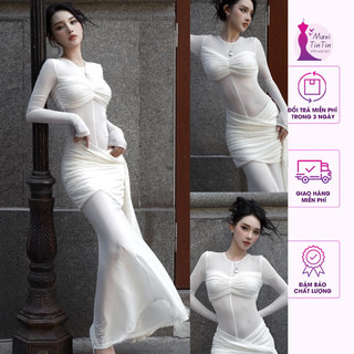 Đầm Váy Maxi đi biển đi tiệc thun dài phối ren tà dài đuôi cá tôn dáng sang trọng-MaxiTinTin