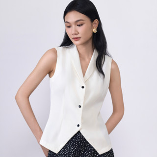 Áo gile nữ KHÀN Chives màu trắng kem dáng ôm cổ sam sang trọng thanh lịch chất vải gôn hàn phong cách Hàn Quốc