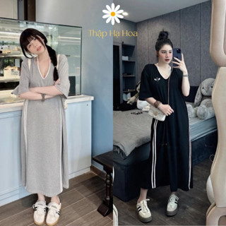 Váy suông dài tay lỡ cổ khoét sâu 2 sọc viền, đầm bầu maxi big size dây đeo cổ TS30