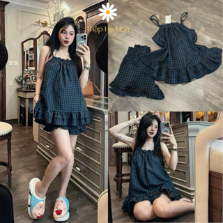 Đồ bộ nữ áo 2 dây babydoll bèo ngực kèm quần đùi ống rộng nhún bèo, áo hai dây kẻ caro quần short TS28