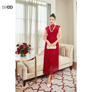Đầm ren đỏ phối hoa SIXDO (Dark Red Cap Sleeves Midi Lace Dress)