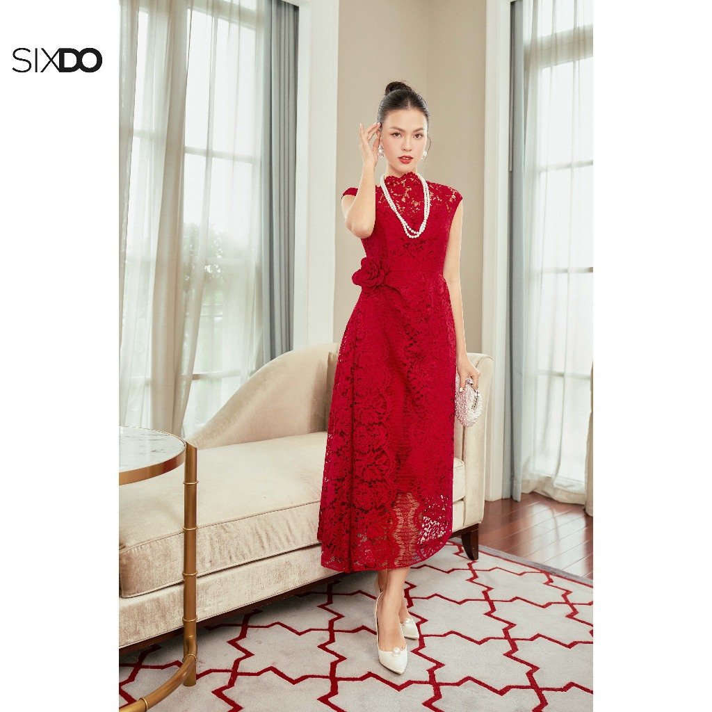 Đầm ren đỏ phối hoa SIXDO (Dark Red Cap Sleeves Midi Lace Dress)