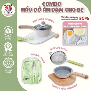 Combo 4 món bộ dụng cụ nấu đồ ăn dặm cho bé Bộ nồi chảo Honper kèm Bộ dao thớt Rây lọc cháo inox