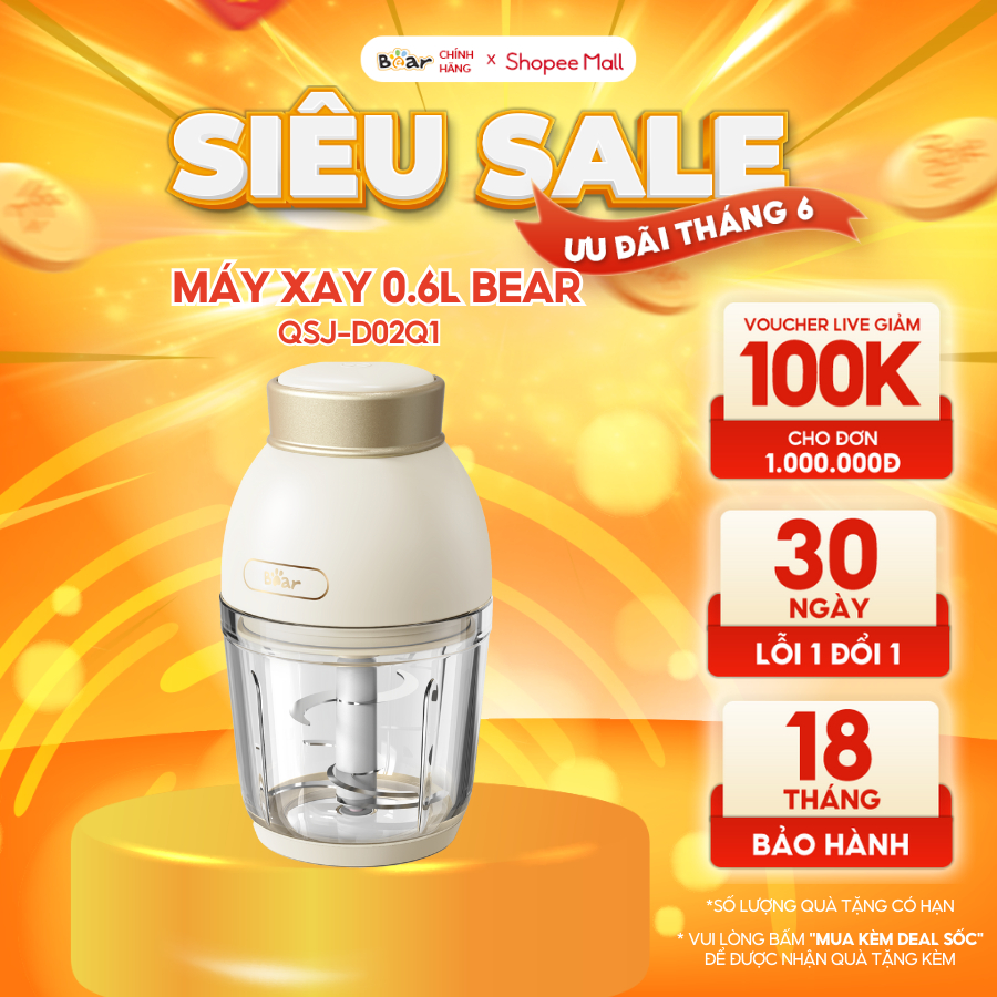 Máy Xay Ăn Dặm Cho Bé 0,6L Bear 6 Lưỡi Dao Cối Thủy Tinh Xay Đa Năng Cháo Thịt Tỏi Ớt Nhỏ Gọn Tiện Lợi  - D02Q1