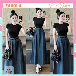 Set nữ gồm áo tăm thun đen mix cùng chân váy trơn xoè dài