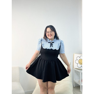 Đầm ootd bigsize cổ sọc xanh viền bèo đính nơ