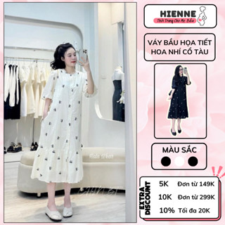 Váy bầu đẹp HIENNE, đầm bầu xinh dáng babydoll thiết kế cổ tàu, họa tiết nơ nhí siêu xinh, cúc mở siêu thoáng mát