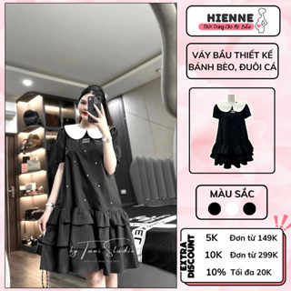 Váy bầu thiết kế HIENNE, đầm bầu dự tiệc đuôi cá miumiu, cổ bèo đính ngọc tiểu thư sang chảnh vải voan mềm mát