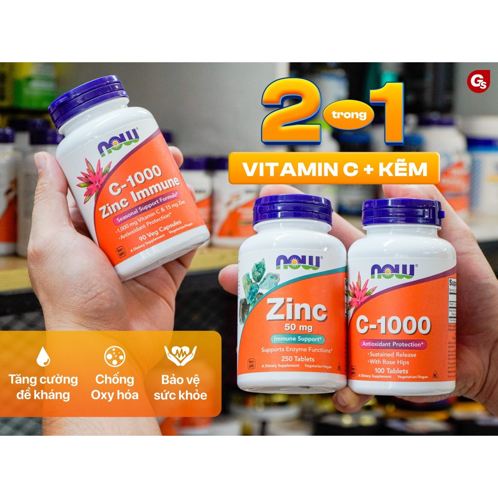 Viên uống kẽm và vitamin C Now C-1000 Zinc Immune (90 viên) hỗ trợ giảm mụn, mờ thâm, tăng đề kháng