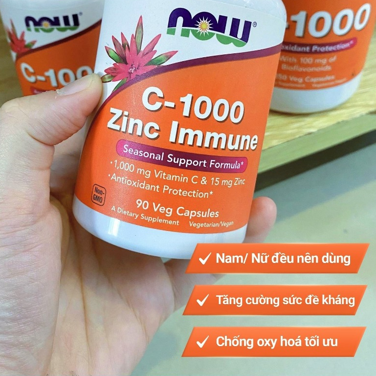 Viên uống kẽm và vitamin C Now C-1000 Zinc Immune (90 viên) hỗ trợ giảm mụn, mờ thâm, tăng đề kháng