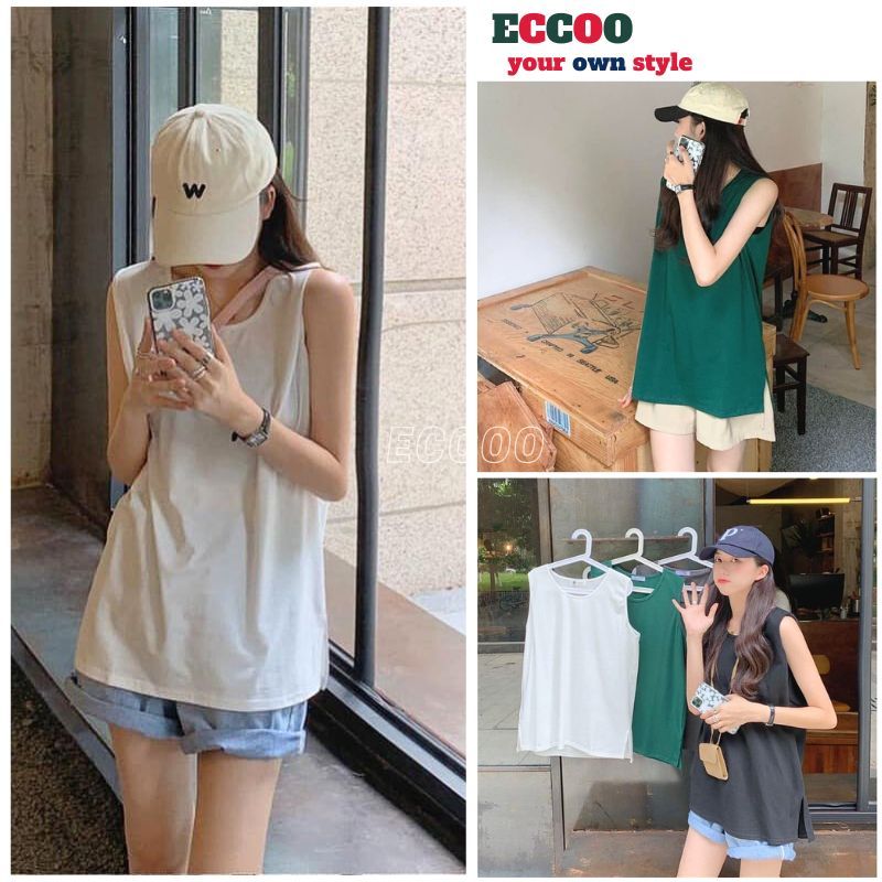 Áo thun 3 lỗ chất cotton thấm hút, áo sát nách, ba lỗ cổ tim nữ form rộng phong cách Hàn Quốc - ECCOO