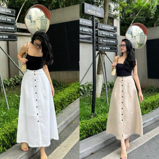 Chân váy linen khuy