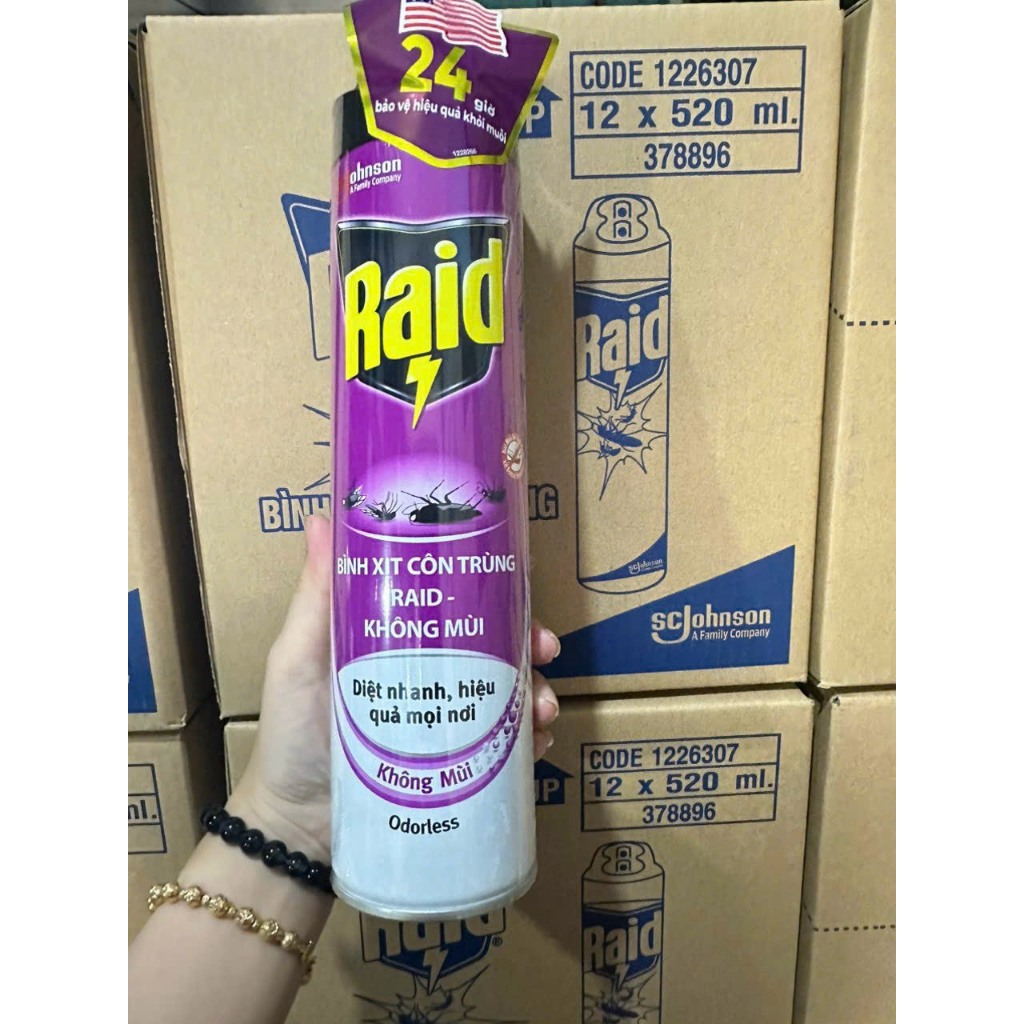 Xịt Raid côn trùng Không Mùi 24h thoáng mát 520ml